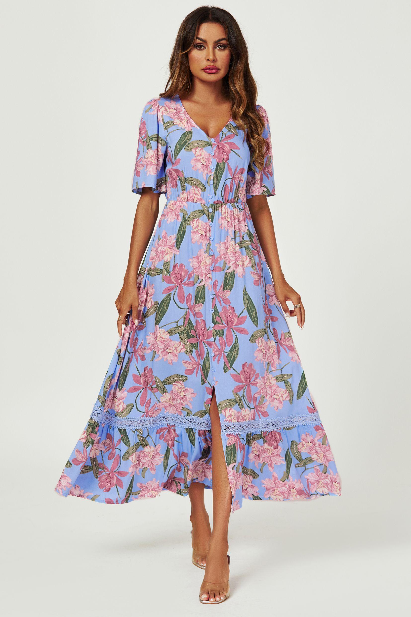 Floral Print Lace Detail Maxi Dress In Blue by FS COLLECTION