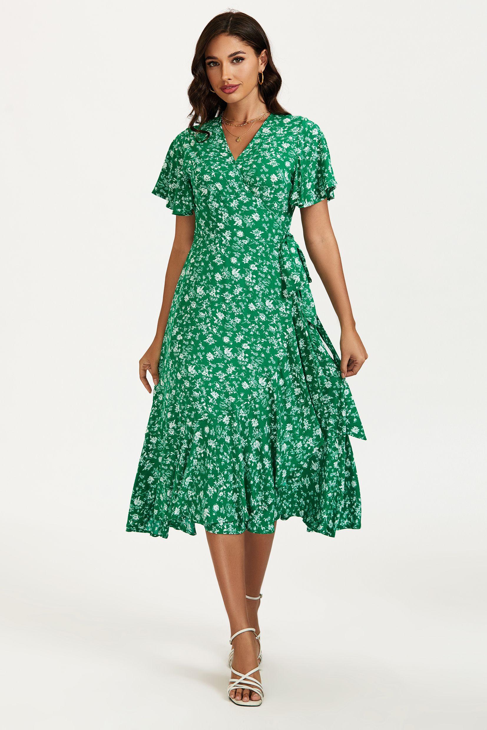 Floral Print Midi Wrap Dress In Green by FS COLLECTION