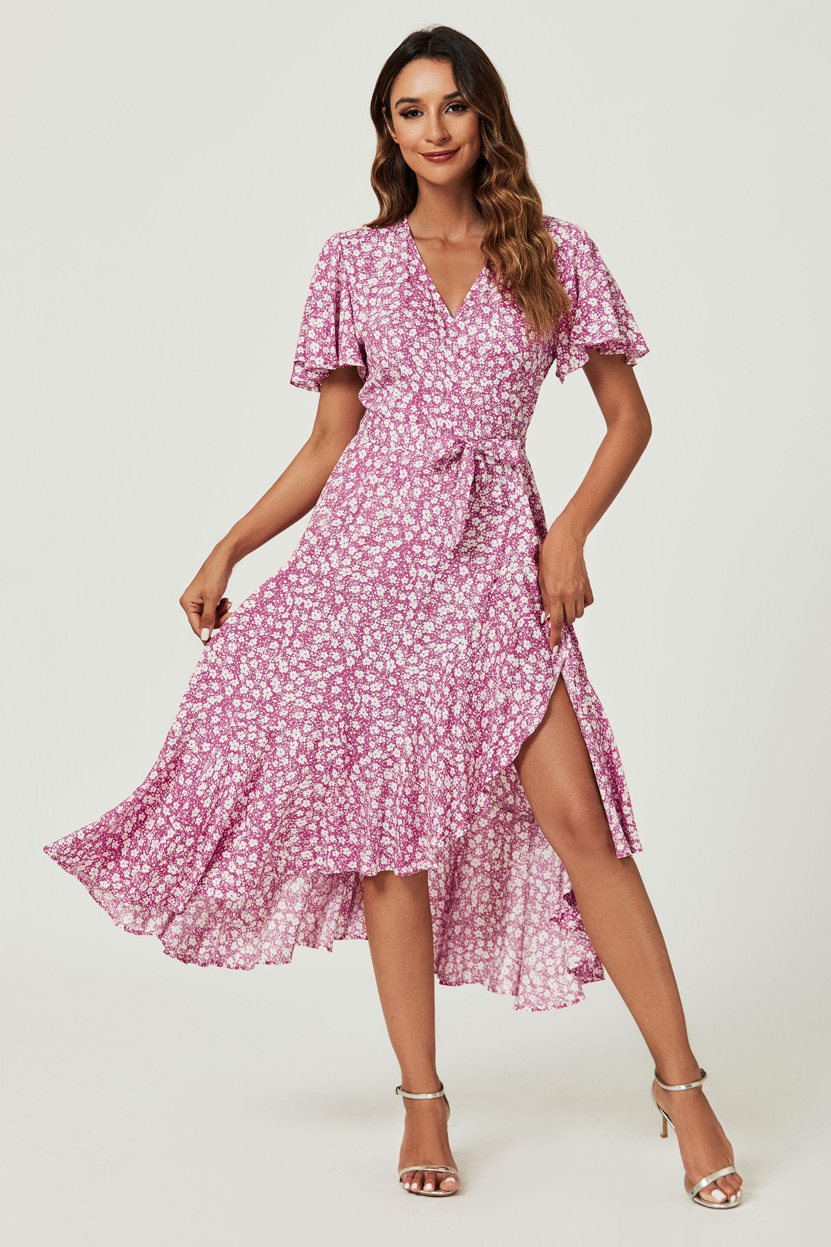 Floral Print Midi Wrap Dress In Pink by FS COLLECTION