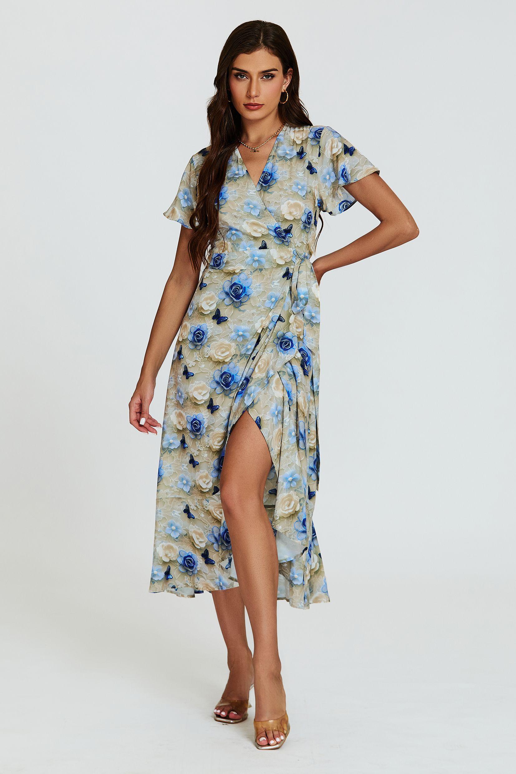 Floral Print Wrap Hem Midi Dress In Beige by FS COLLECTION