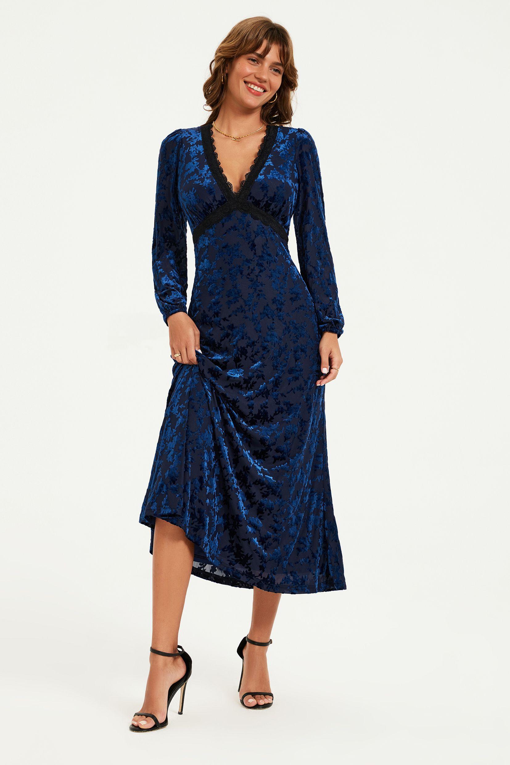 Floral Velvet Devore Lace Trim Neckline Midi Dress In Navy by FS COLLECTION