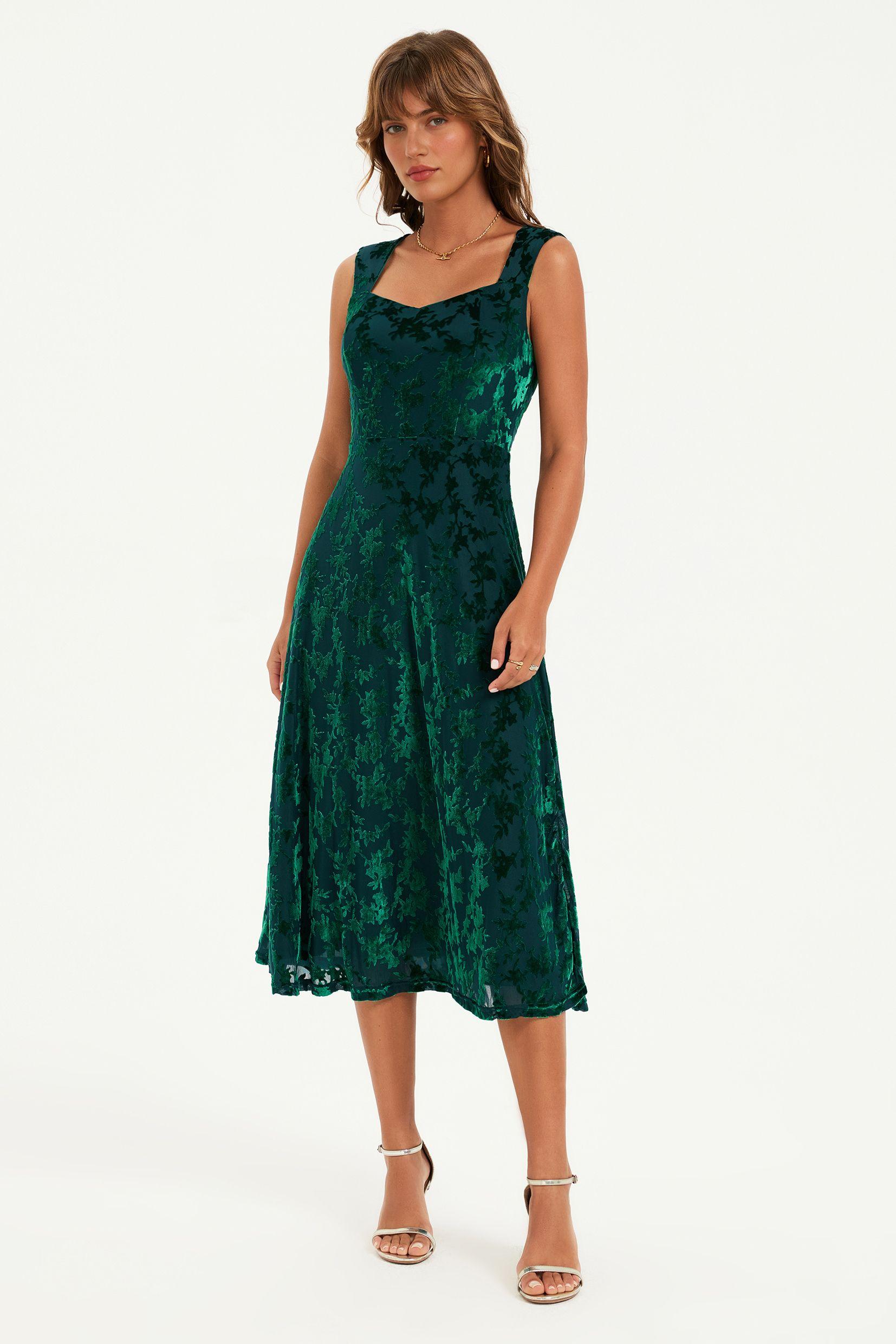 Floral Velvet Devore Sweetheart Neck Midi Dress In Green by FS COLLECTION