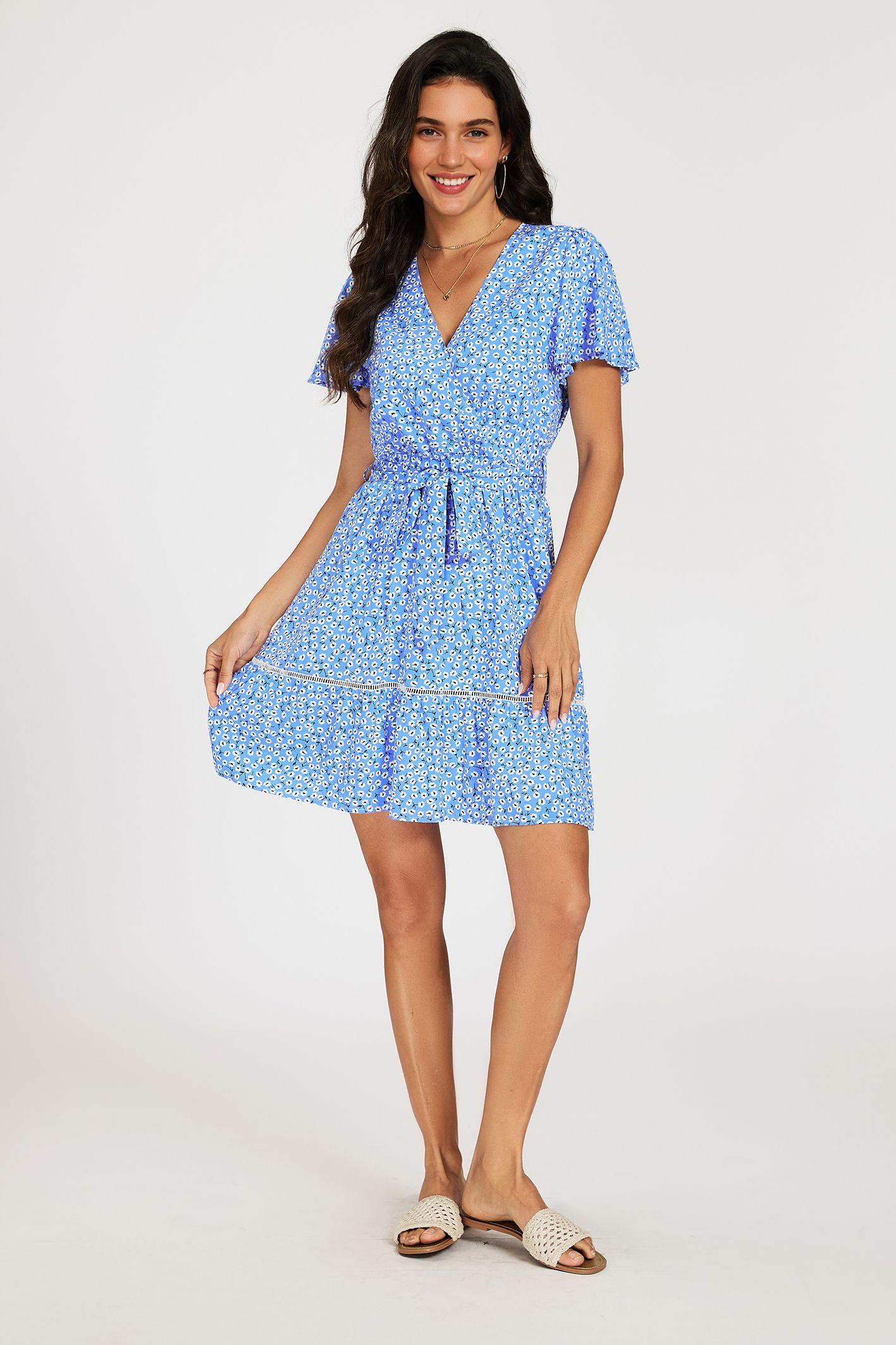 Floral Wrap Front Mini Dress with Lace Trim Hem by FS COLLECTION