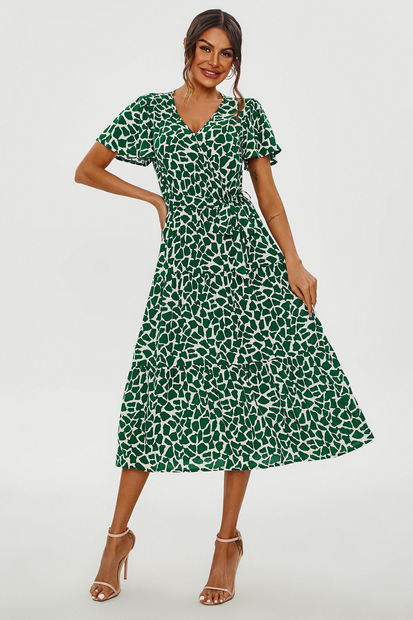 Geo Print Hem Tiered Wrap Midi Dress In Green by FS COLLECTION