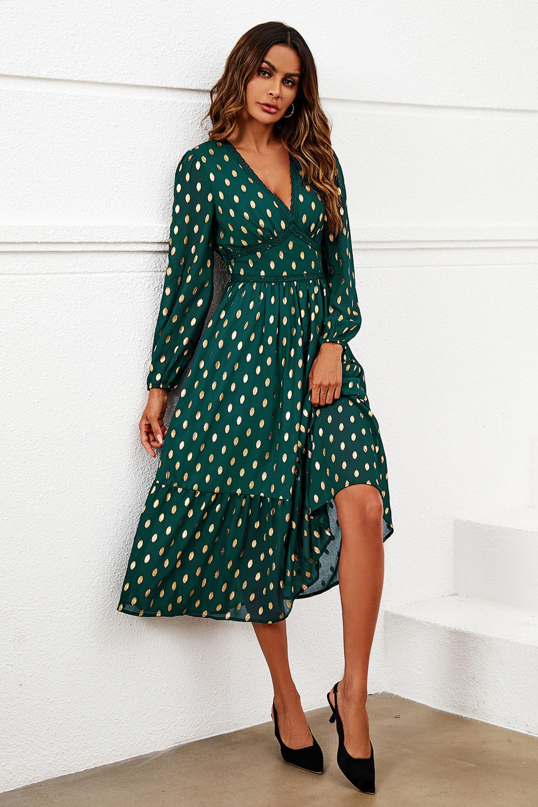 Gold Foil Lace Trim Long Sleeve Midi Dress by FS COLLECTION