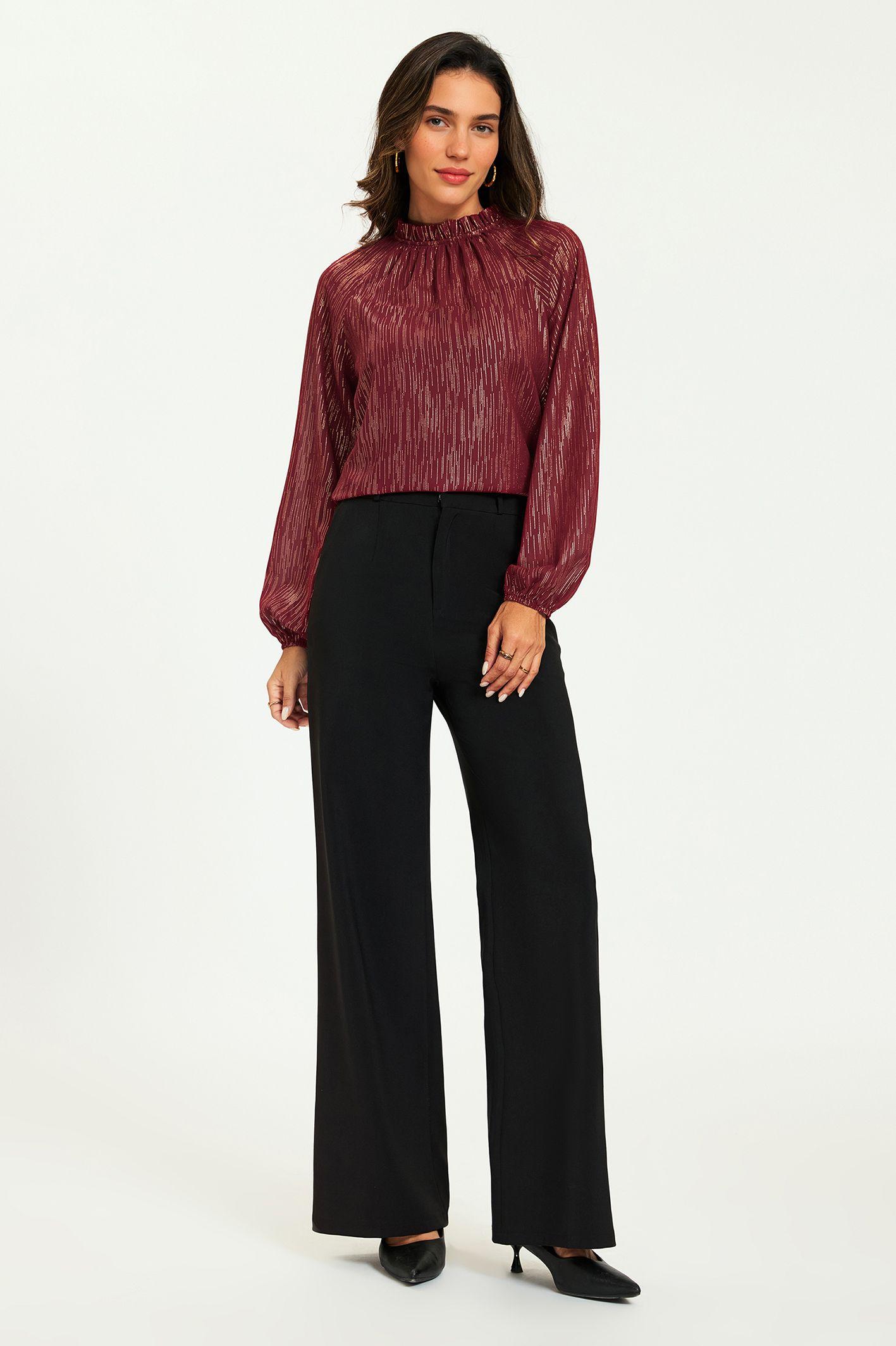 Gold Stripe Foil Long Sleeve Frill High Neck Top In Wine by FS COLLECTION Gold Stripe Foil Long Sleeve Frill High Neck Top In Wine by FS COLLECTION