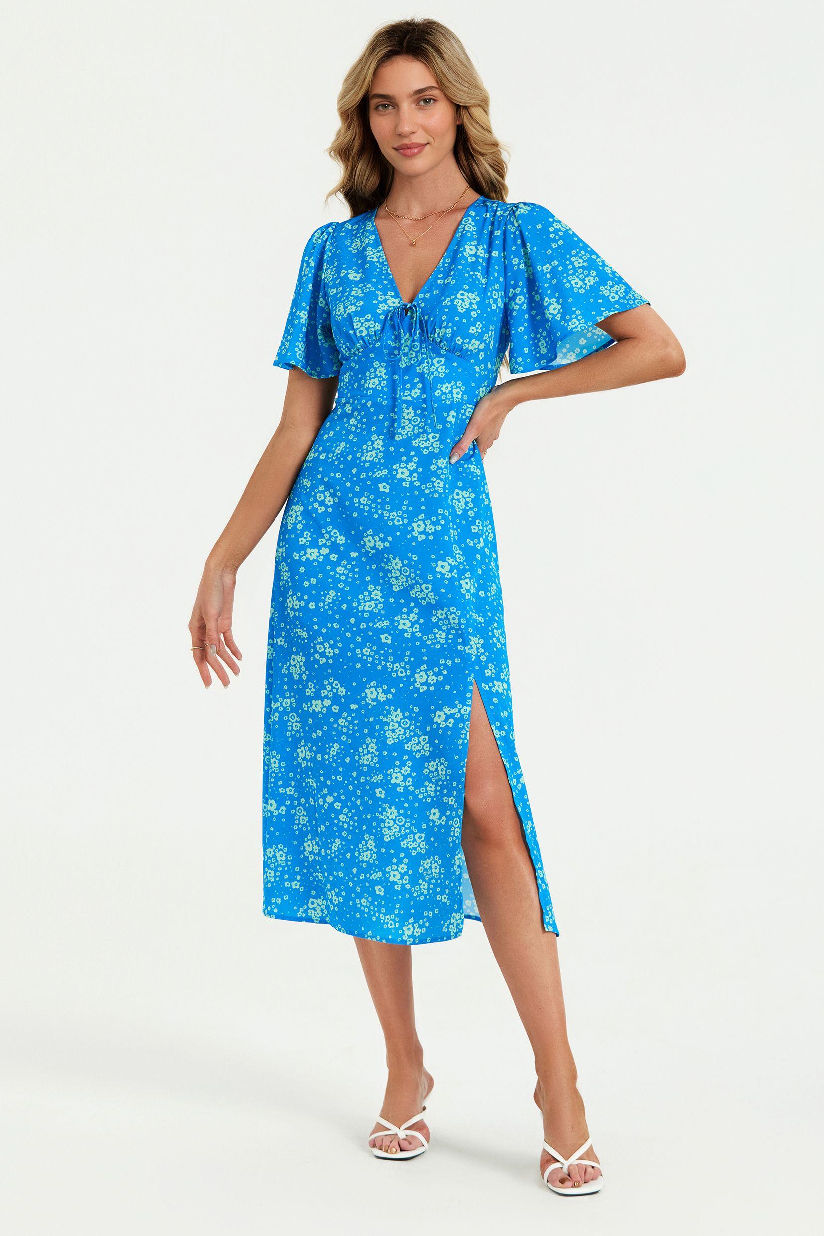 Green Floral Print Angel Sleeve Midi Dress In Blue by FS COLLECTION