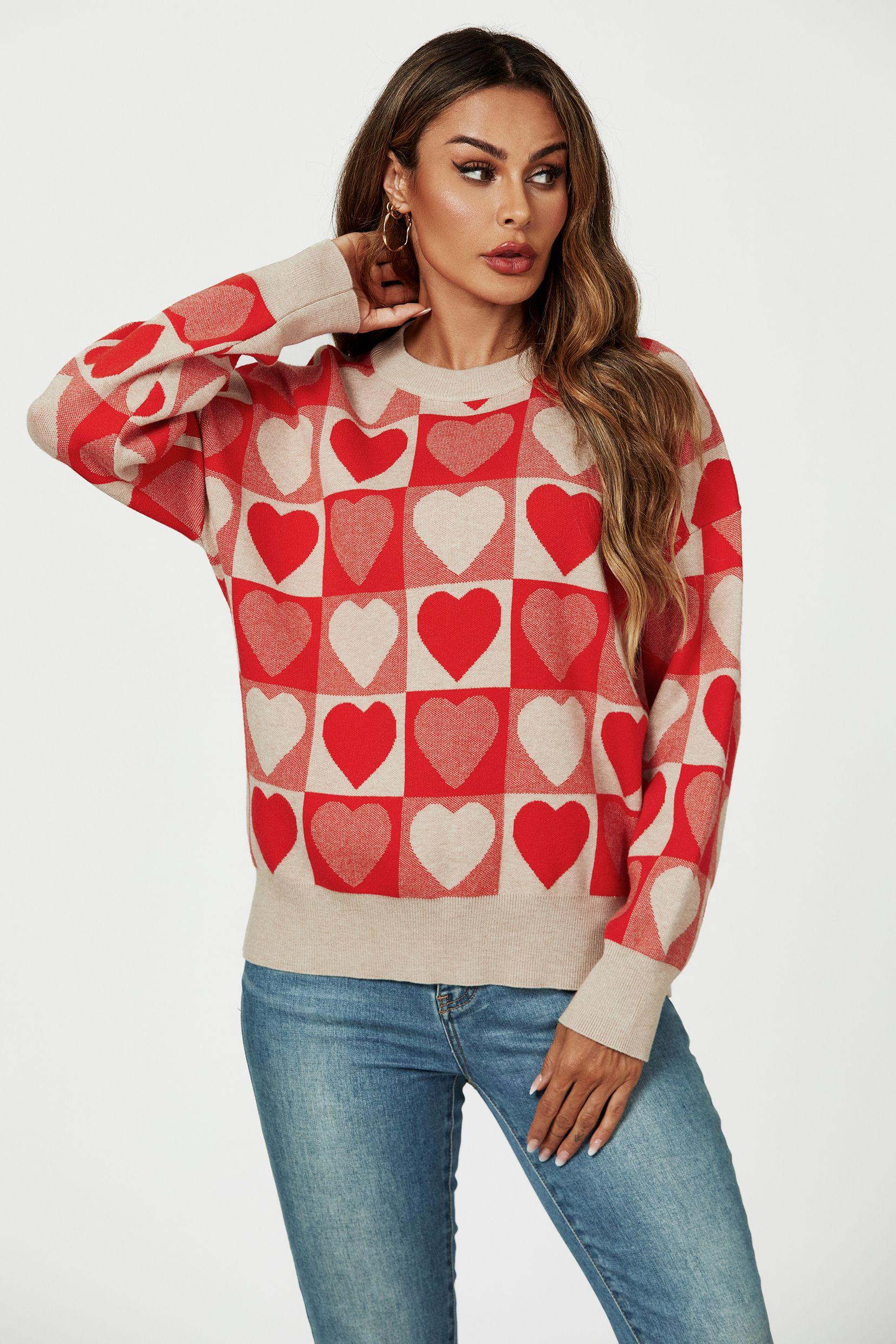 Heart Pattern Knitted Jumper In Red by FS COLLECTION