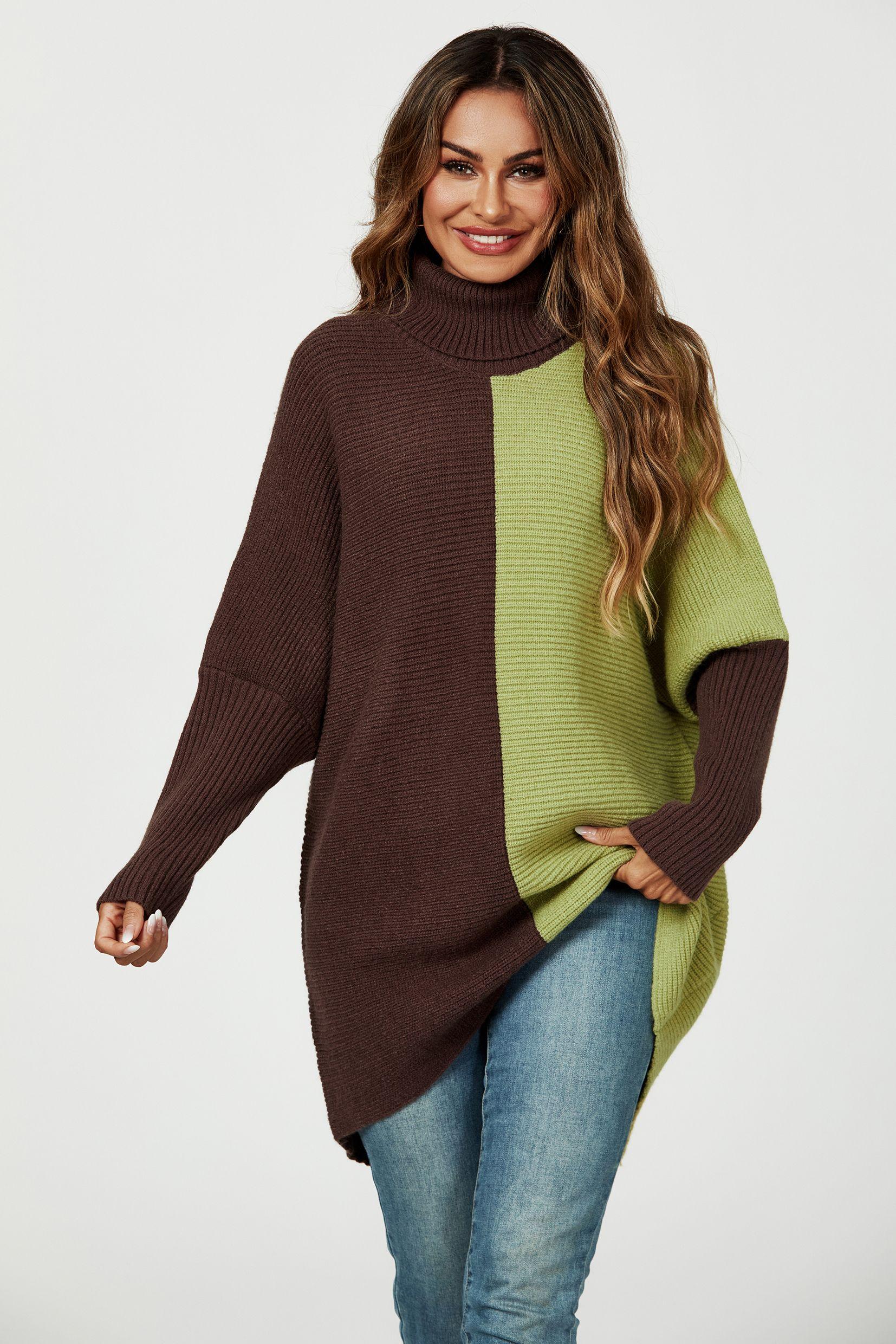 High Neck Half Brown & Green Block Color Jumper Top by FS COLLECTION