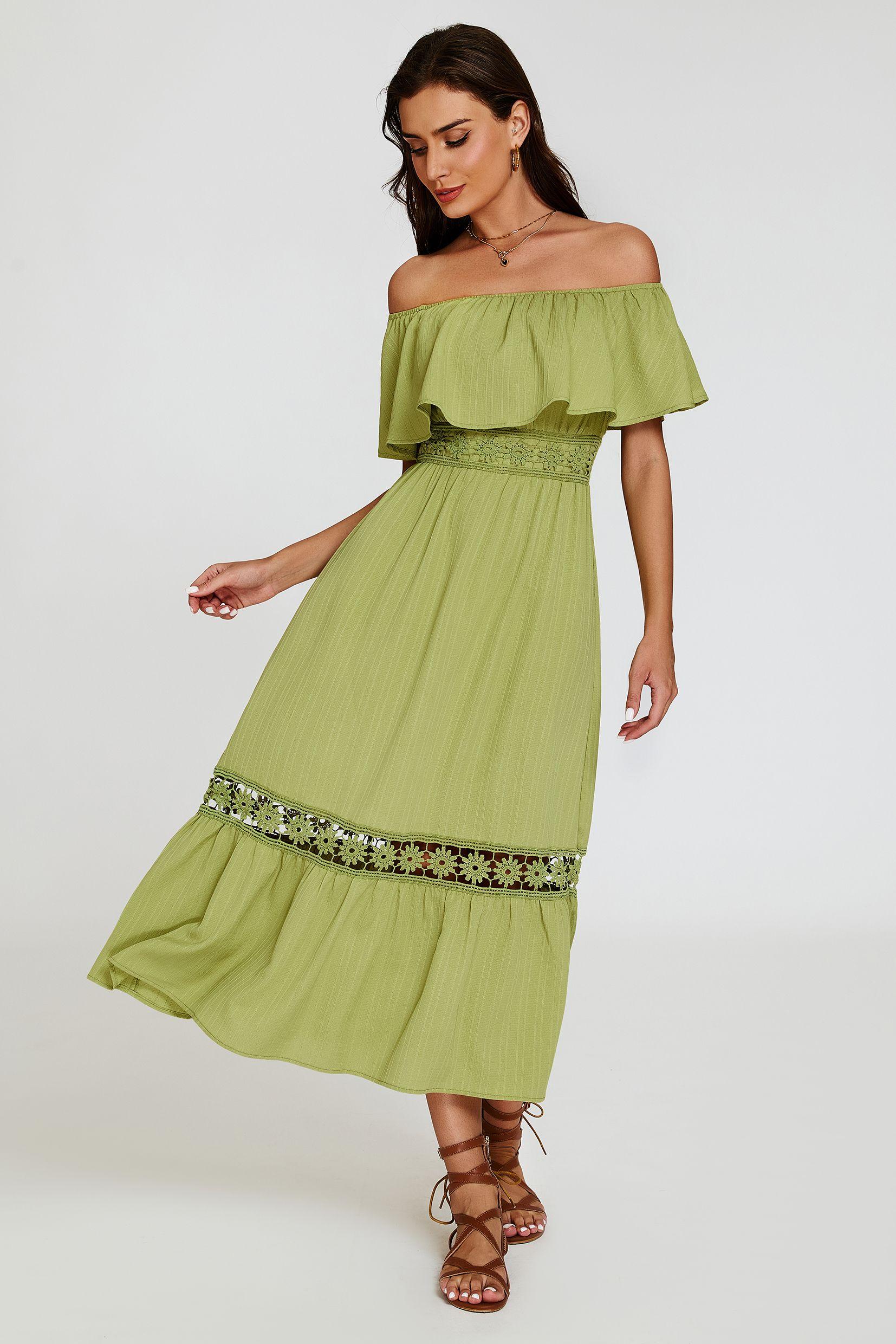 Lace Detail Bardot Maxi Dress In Green by FS COLLECTION