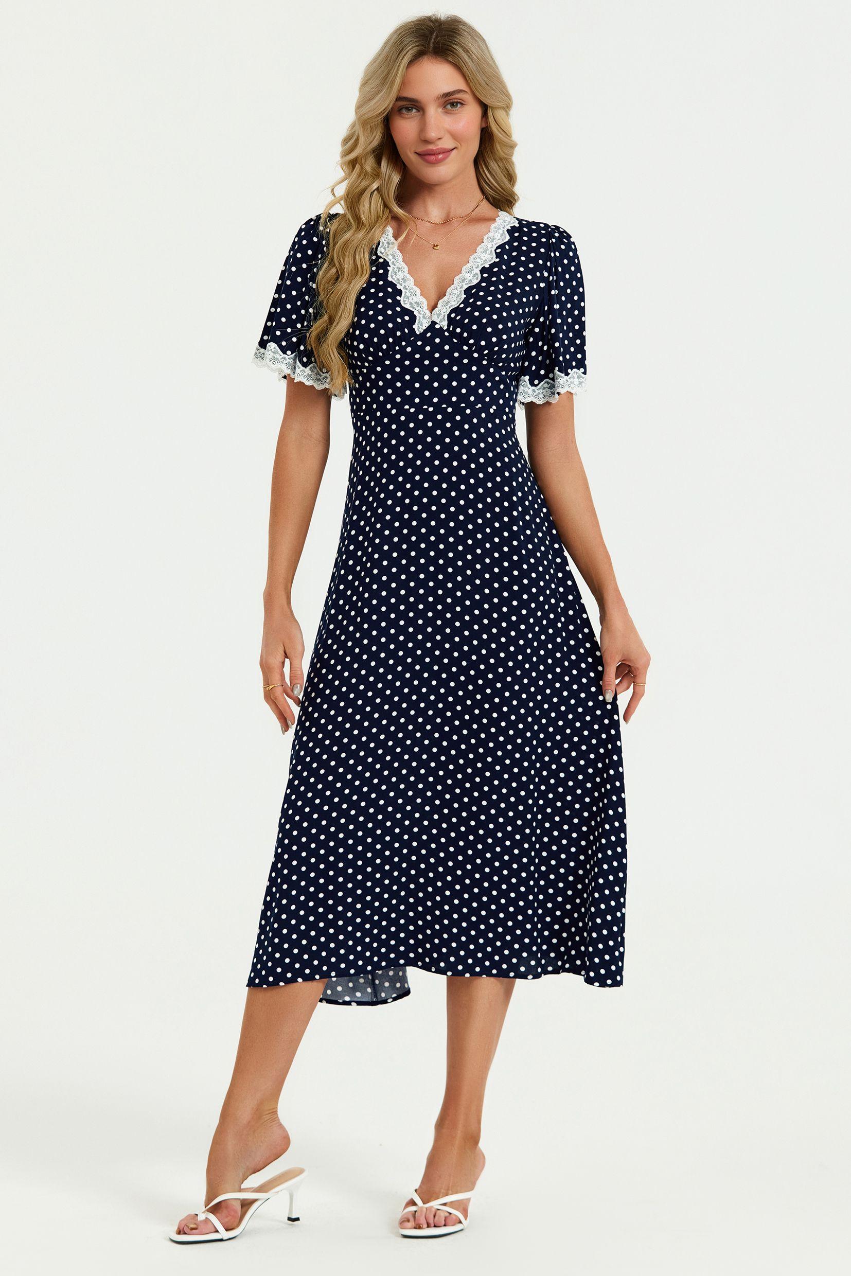 Lace Trim Dot Print Midi Dress In Navy by FS COLLECTION
