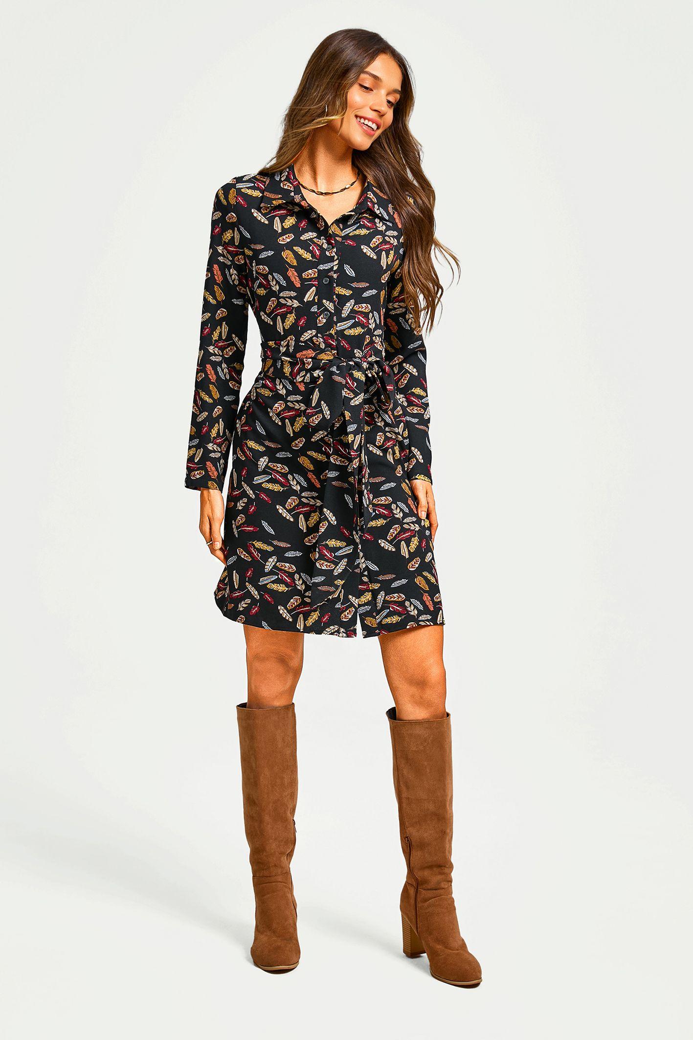 Leaf Print Tie Front Mini Shirt Dress In Black by FS COLLECTION