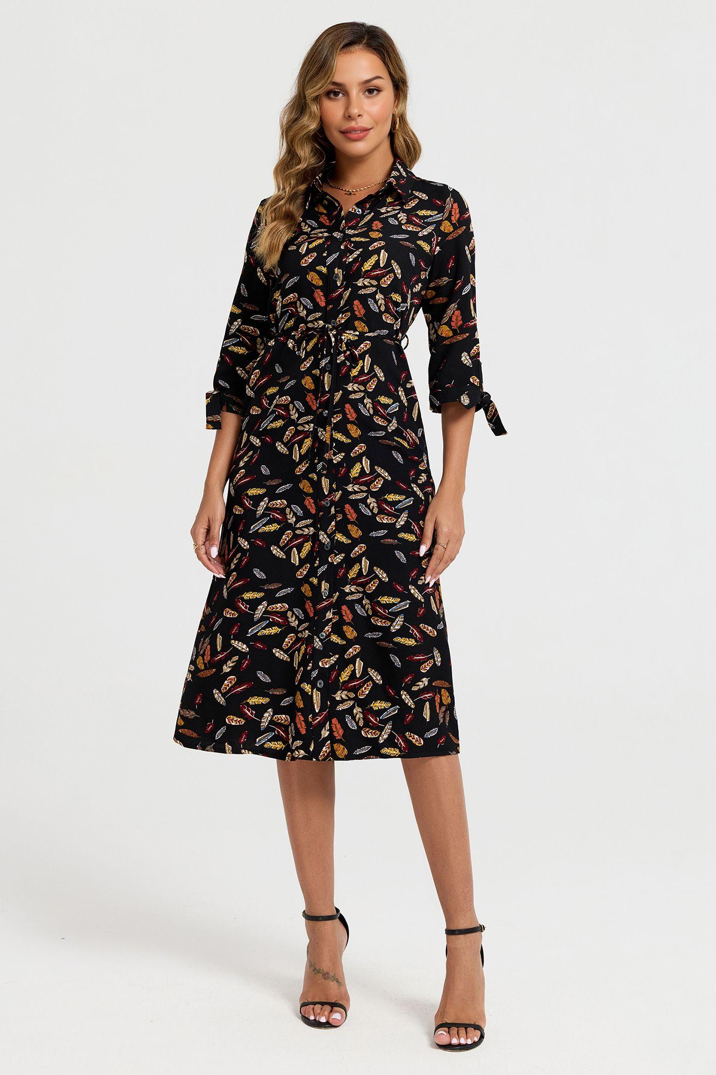 Leaf Print Tie On Sleeves Midi Shirt Dress In Black by FS COLLECTION