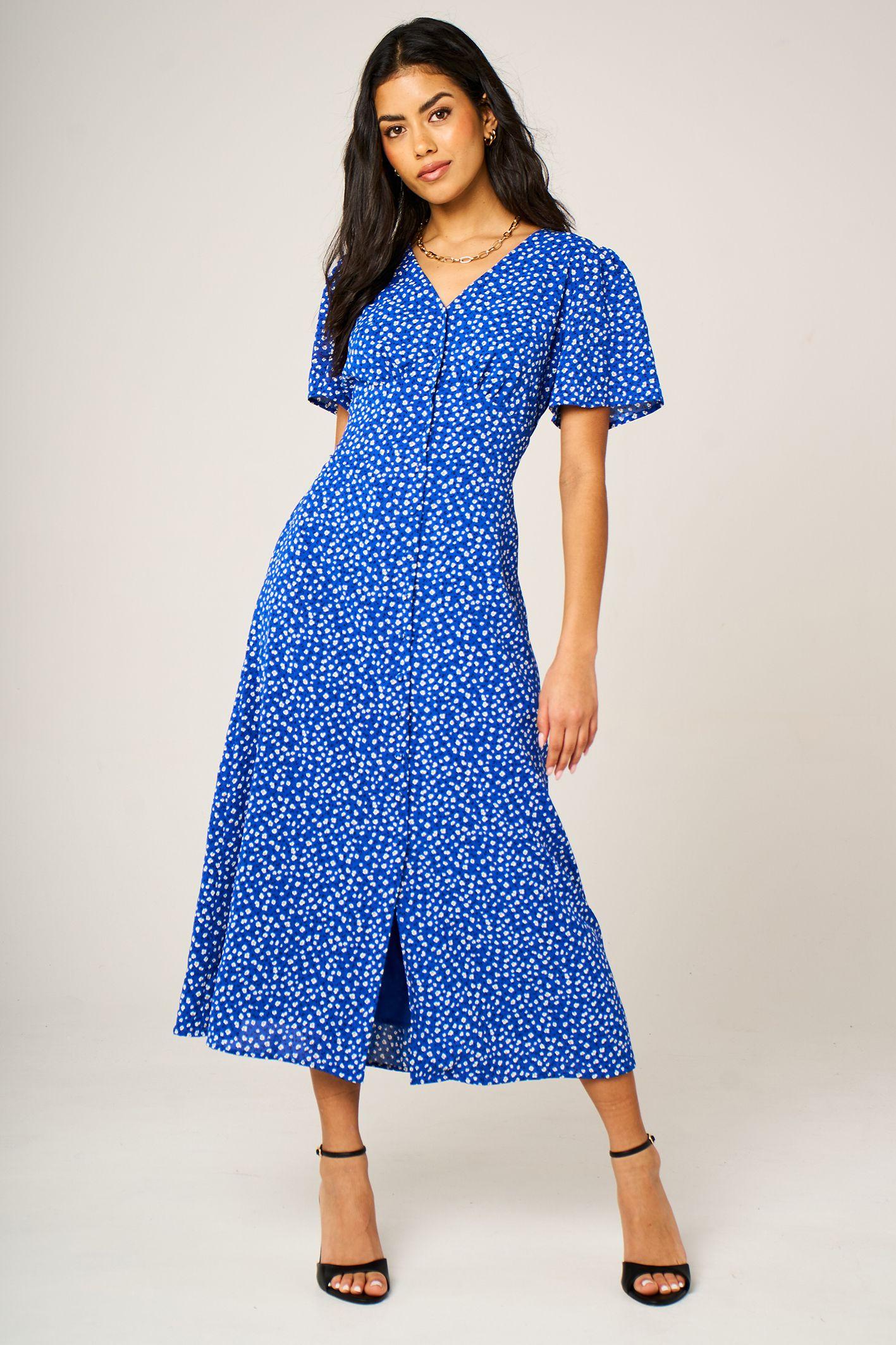 Little Floral Print Short Sleeve Button Front Midi Dress by FS COLLECTION