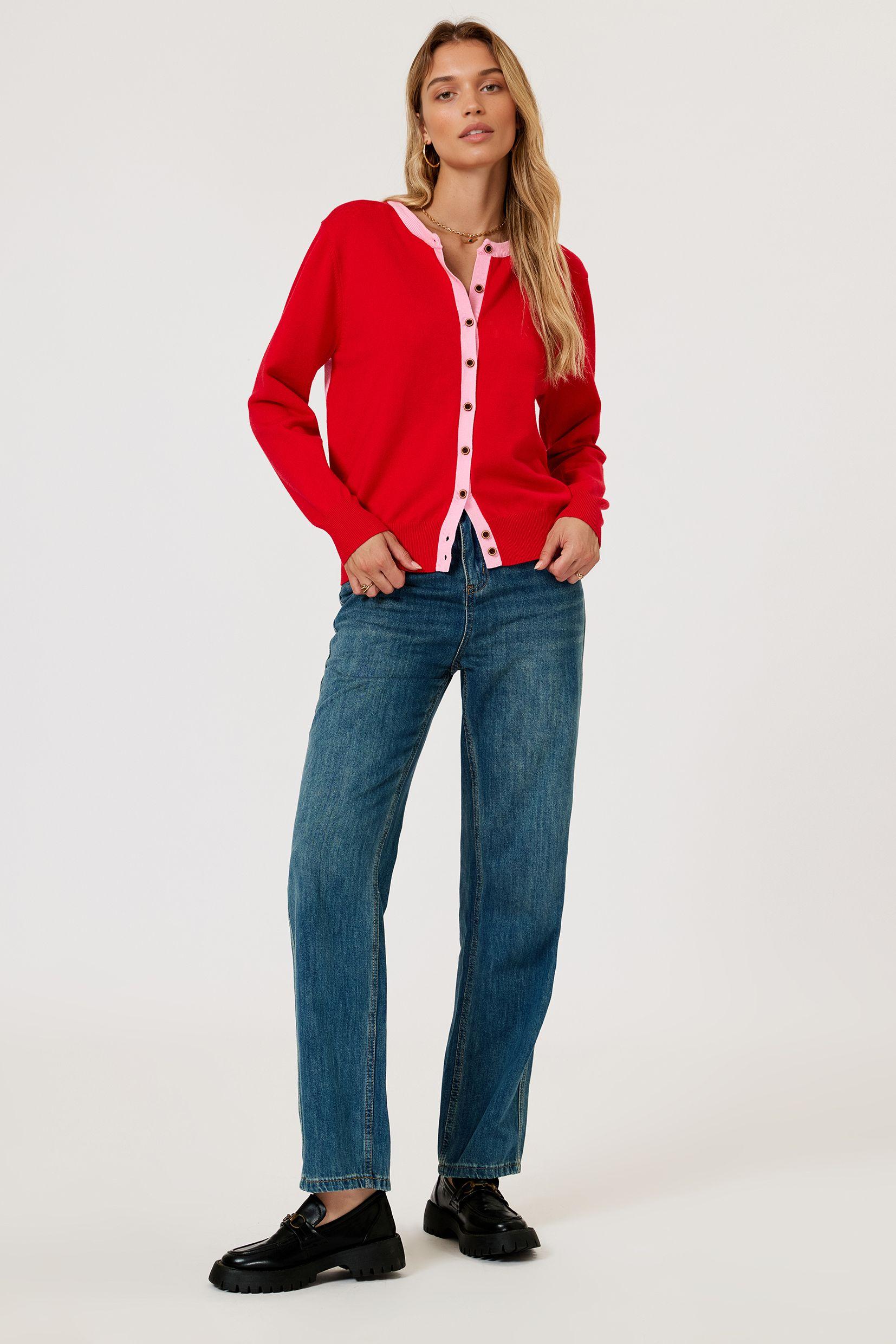 Little Heart Embroidery Stripe Trim Cardigan Top In Red by FS COLLECTION