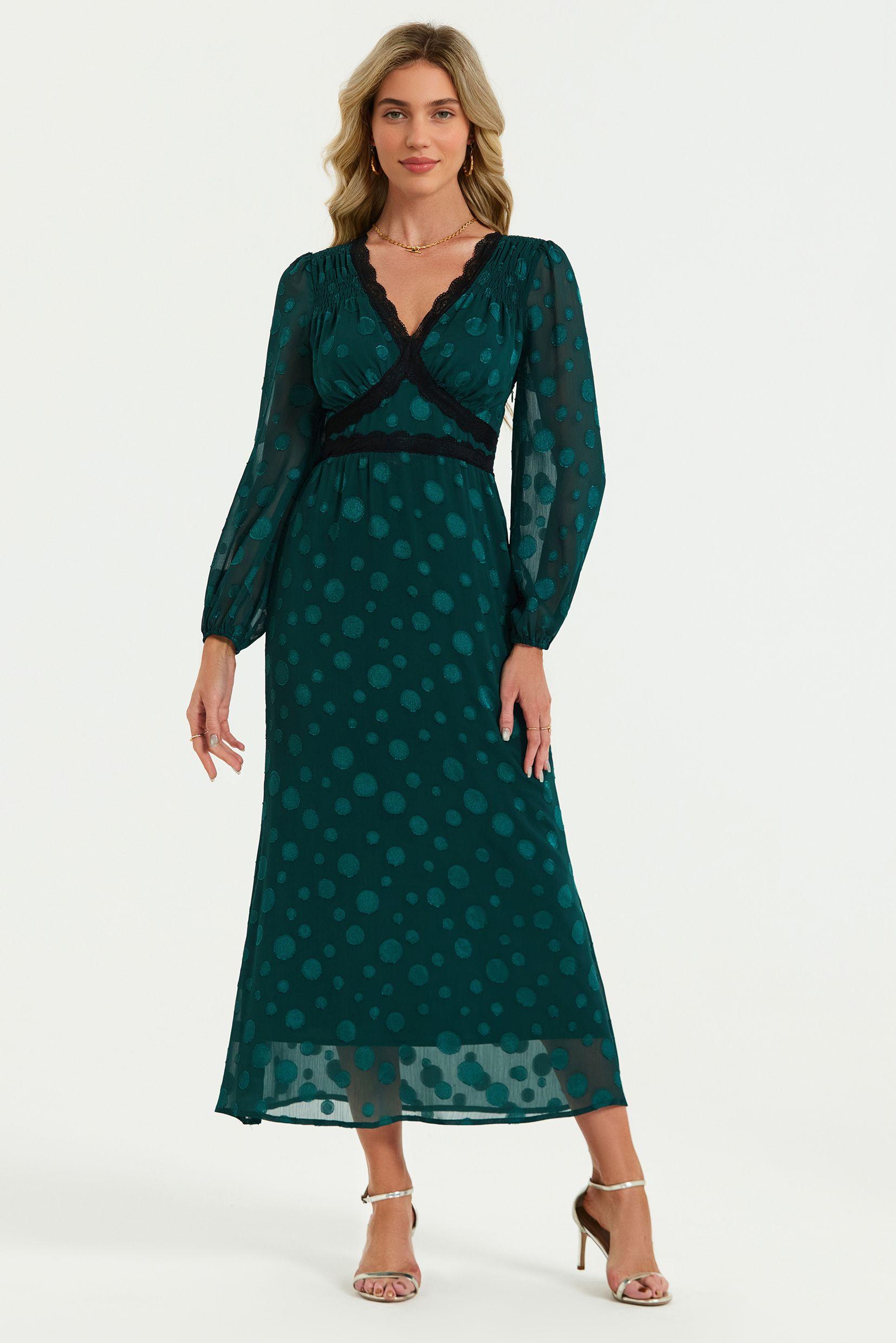 Long Sleeve Dot Jacquard Lace Trim Maxi Dress In Green by FS COLLECTION