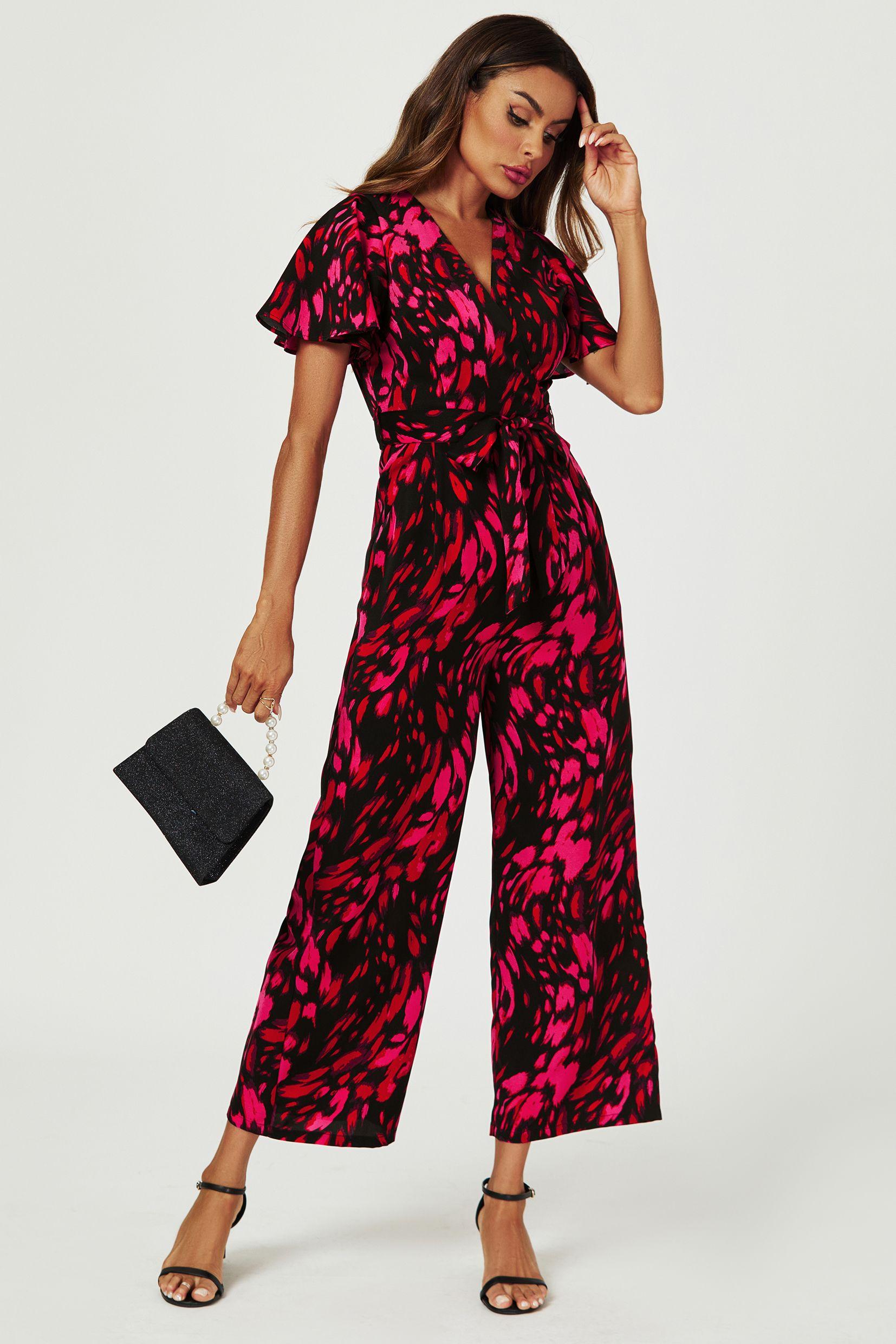 Pink Abstract Print Wrap Top Jumpsuit In Black by FS COLLECTION