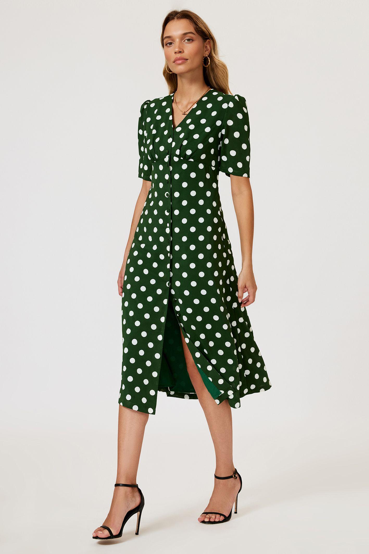 Polka Dot Print Button Front Midi Dress In Green by FS COLLECTION