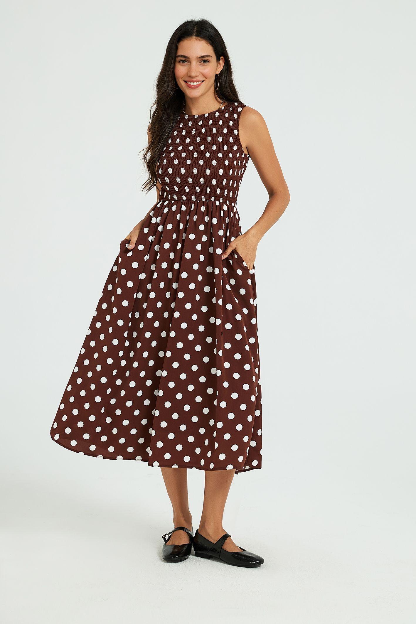 Polka Dot Shirred Bodice Tie Back Sleeveless Midi Dress by FS COLLECTION