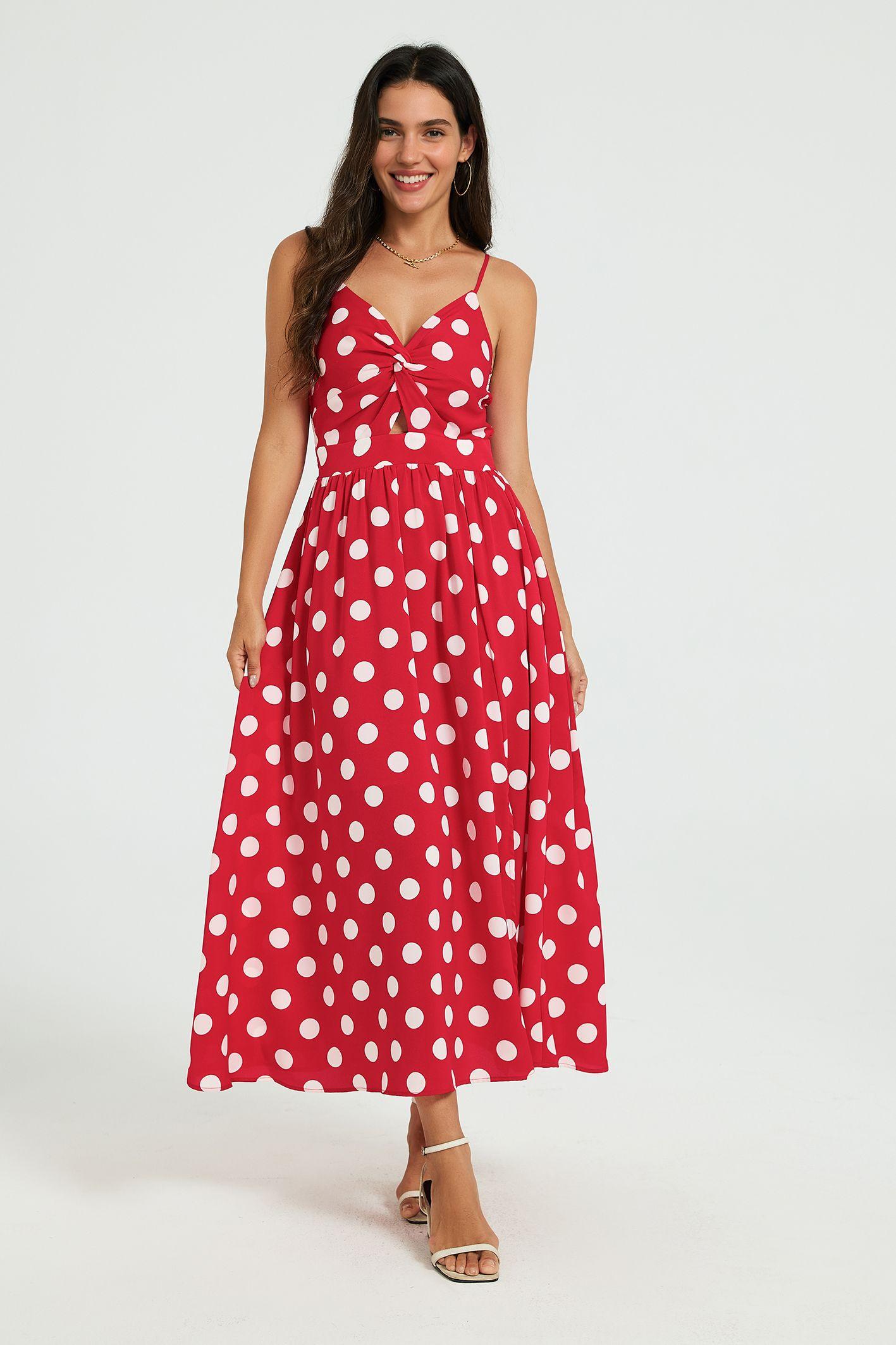 Polka Dot Twist Front Strappy Midi Dress by FS COLLECTION