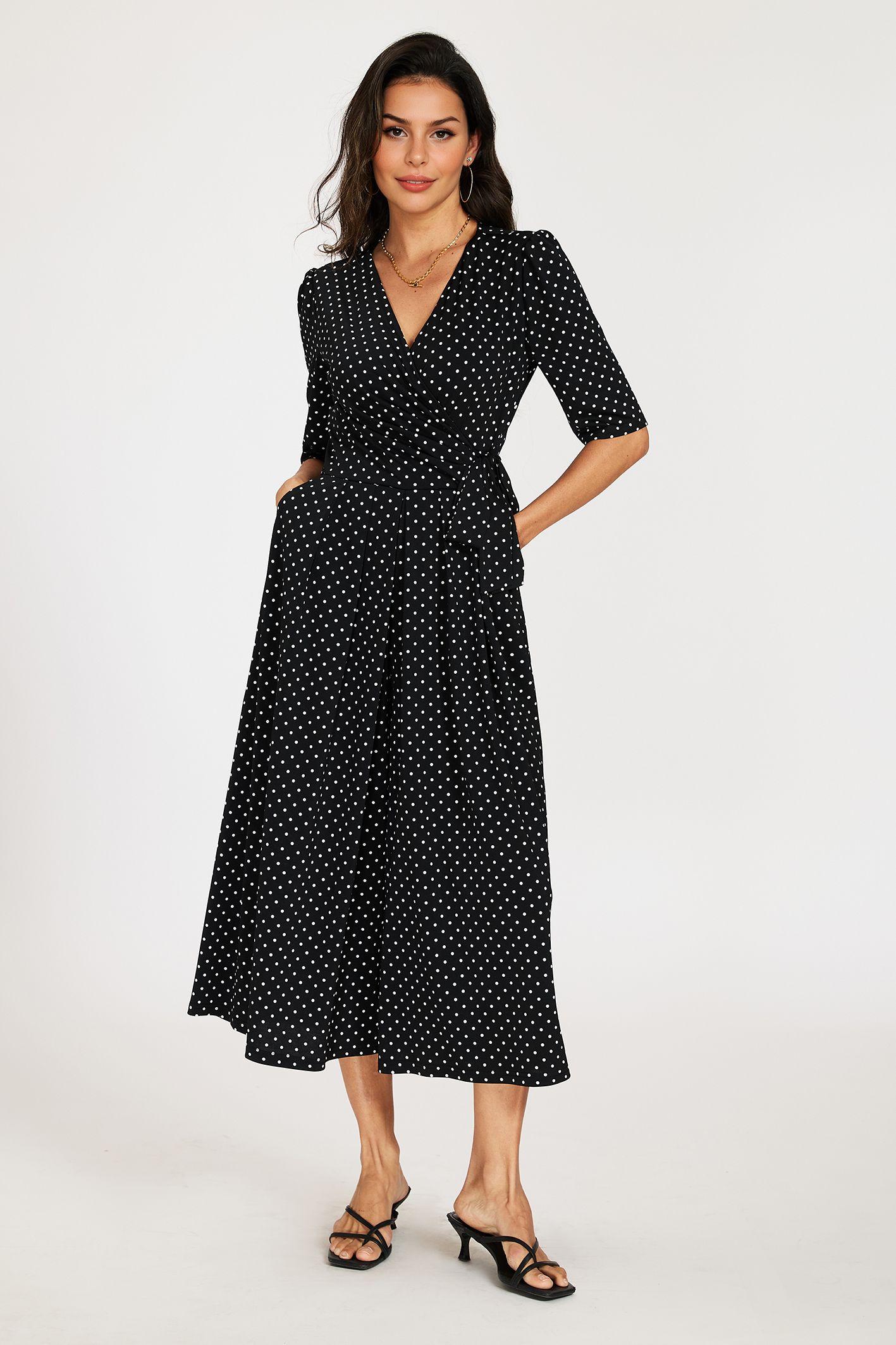 Polka Dot Wrap Culotte Jumpsuit with Tie Waist by FS COLLECTION