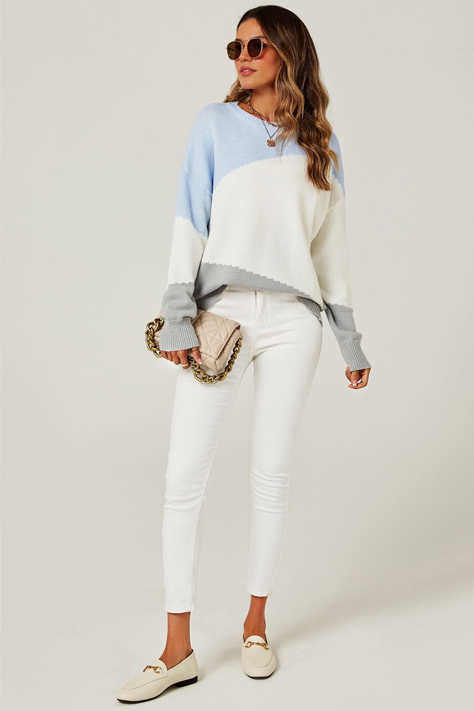 Relaxed Grey & White Block Colour Jumper Top In Blue & Grey & White by FS COLLECTION