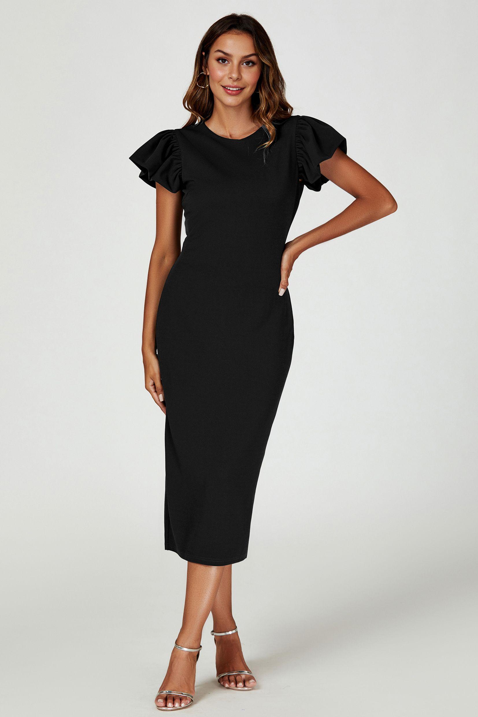 Ruffle Sleeve Bodycon Midi Dress In Black by FS COLLECTION