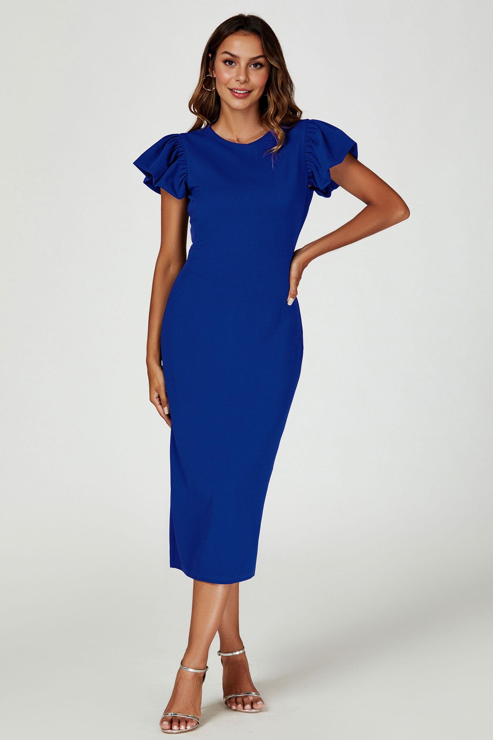 Ruffle Sleeve Bodycon Midi Dress In Royal Blue by FS COLLECTION