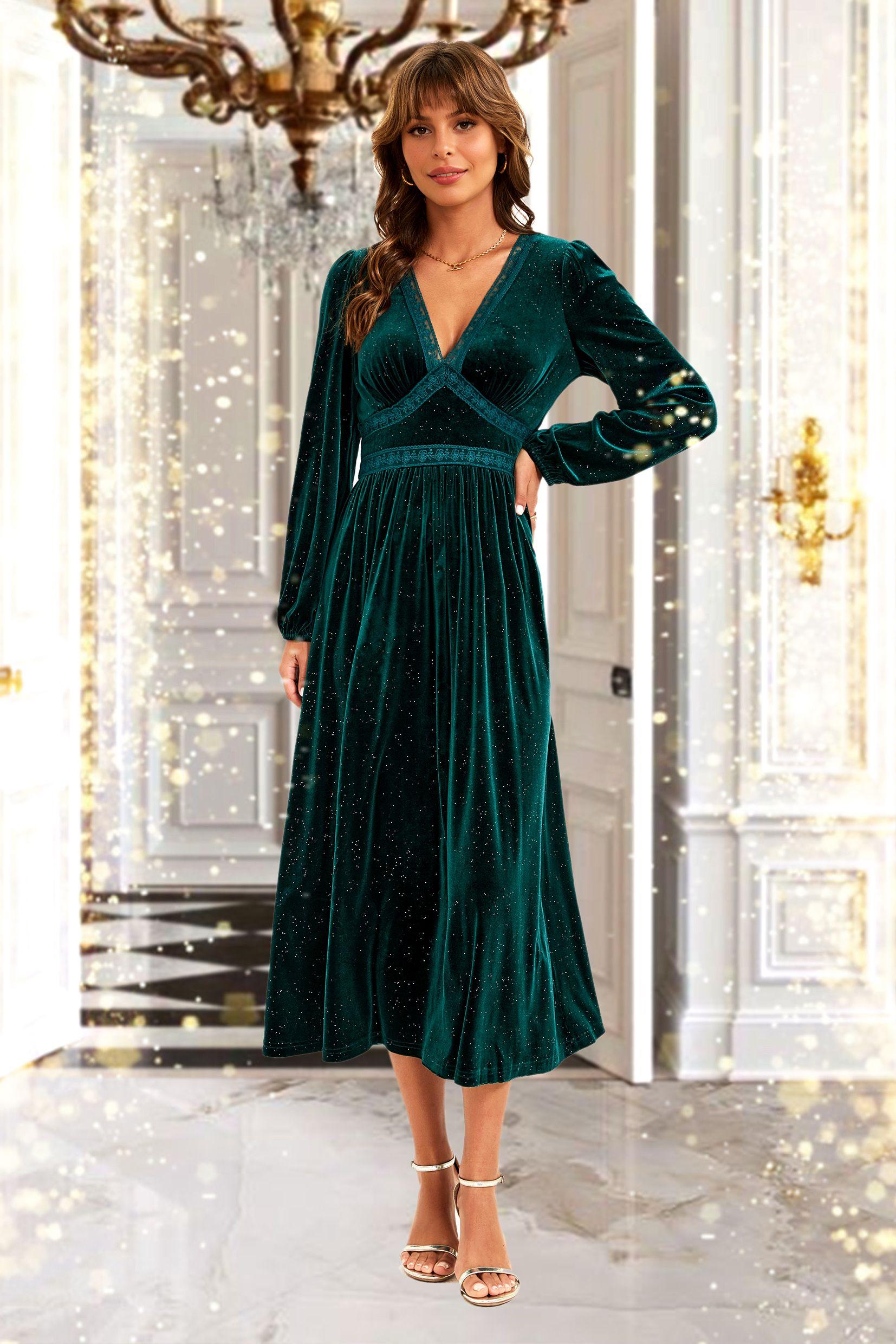 Silver Foil Velvet Lace Trim Neckline Midi Dress In Green by FS COLLECTION