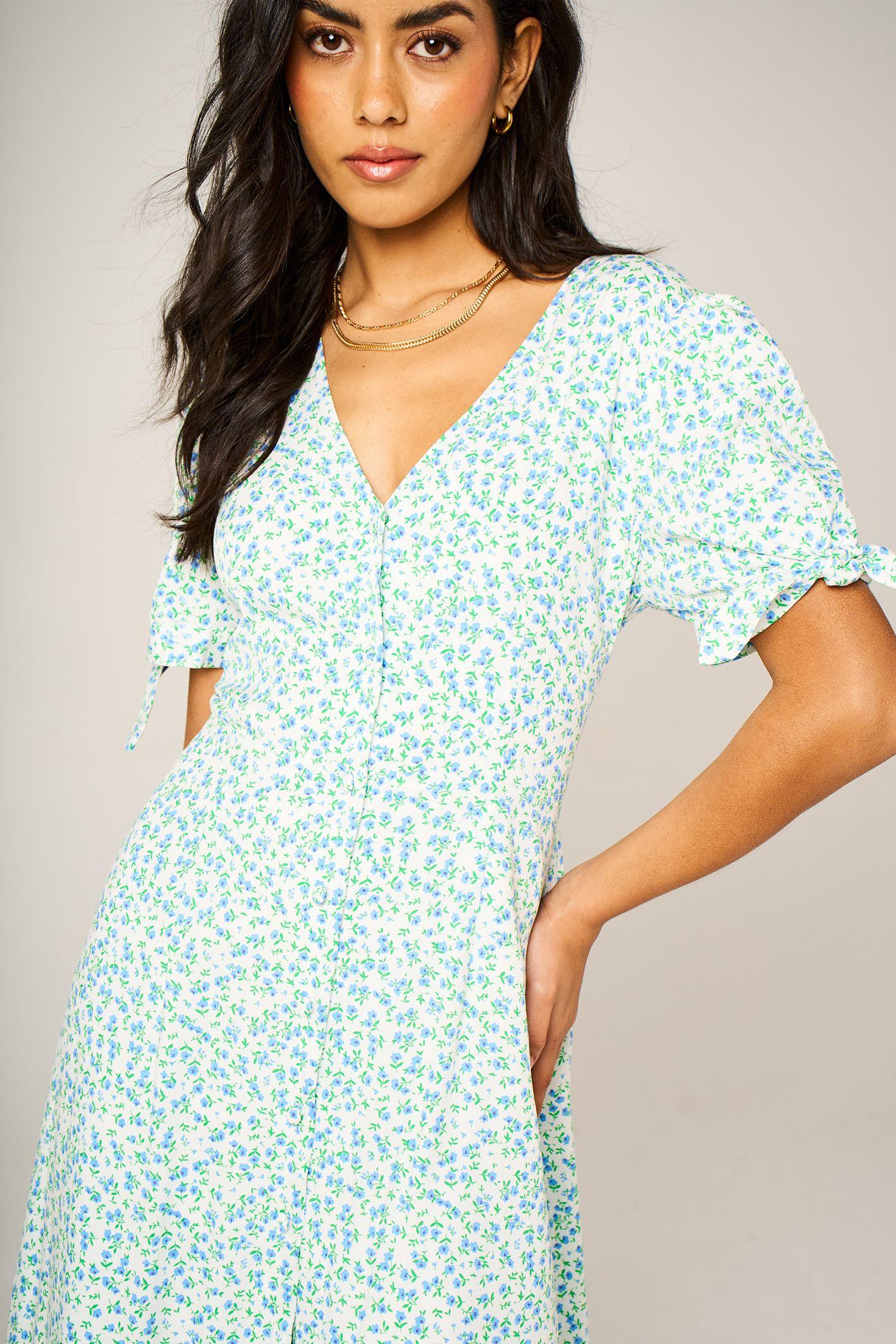 Tie Sleeve Button-Front Midi Dress in Blue Ditsy Floral by FS COLLECTION Tie Sleeve Button-Front Midi Dress in Blue Ditsy Floral by FS COLLECTION