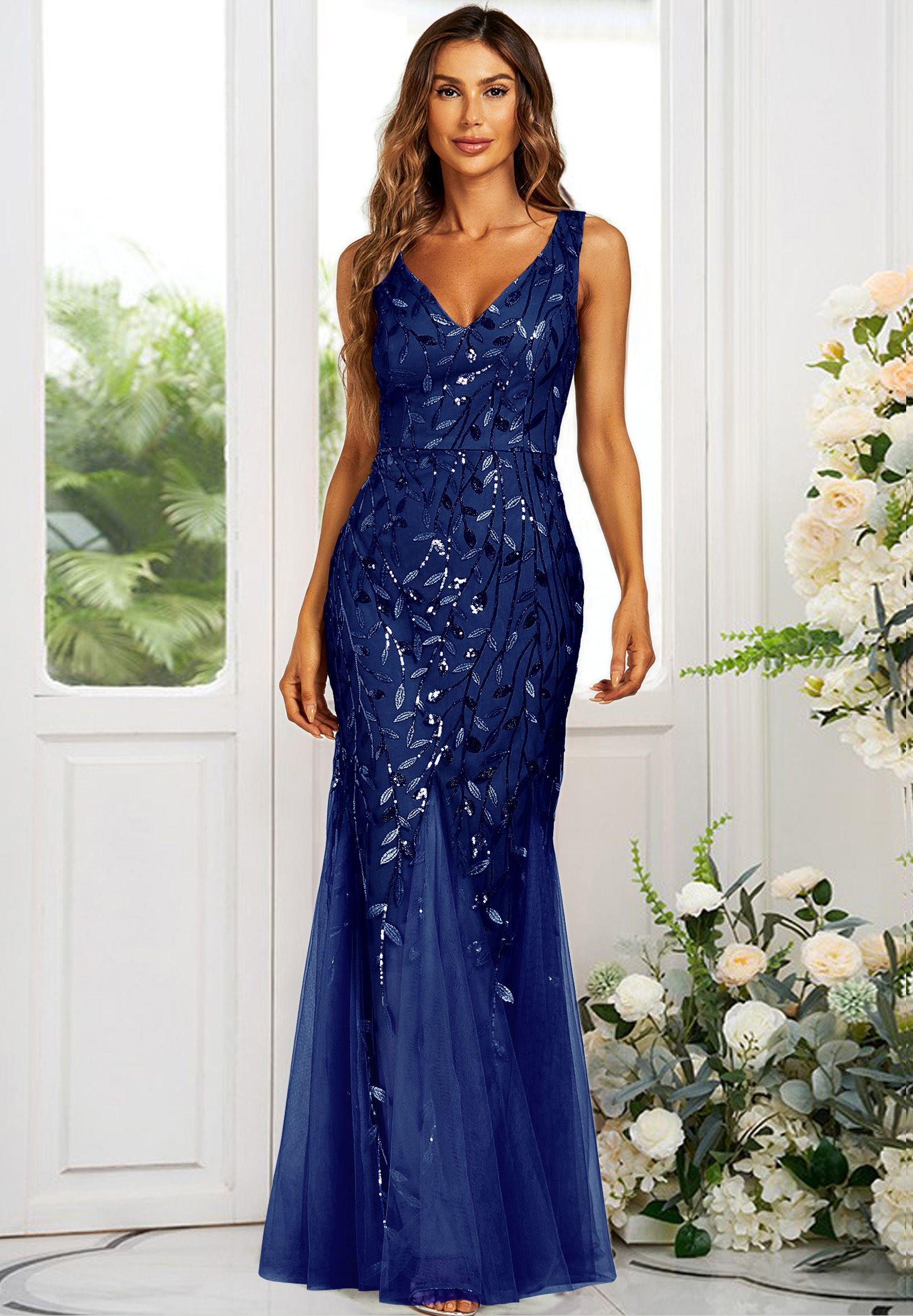 V Neck Sequin Leaf Embroidered Maxi Dress by FS COLLECTION