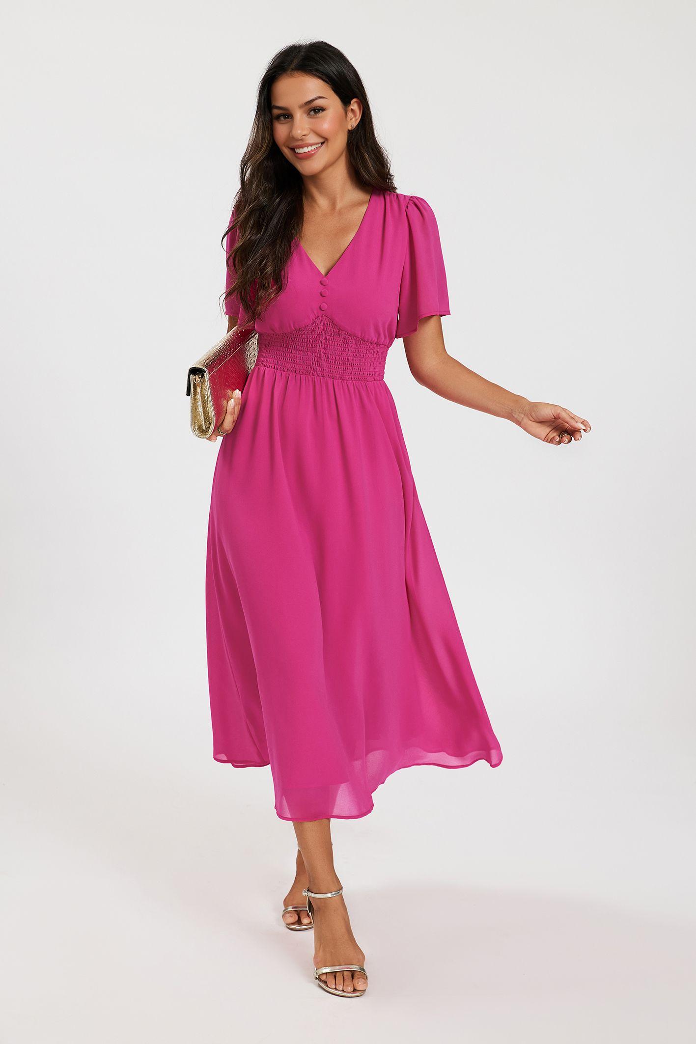 V Neckline Shirred Waist Midi Dress by FS COLLECTION
