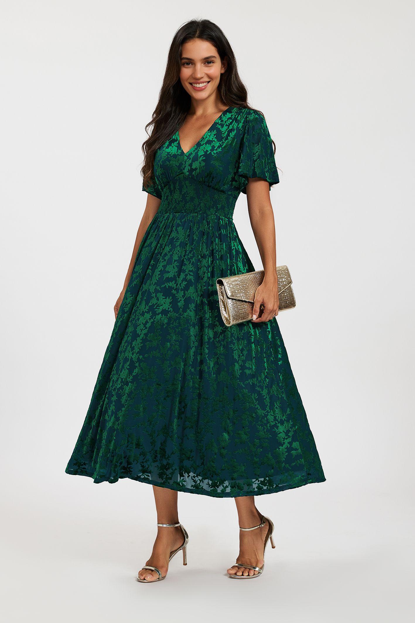 Velvet Burnout V-Neck Angel Sleeve Midi Dress by FS COLLECTION