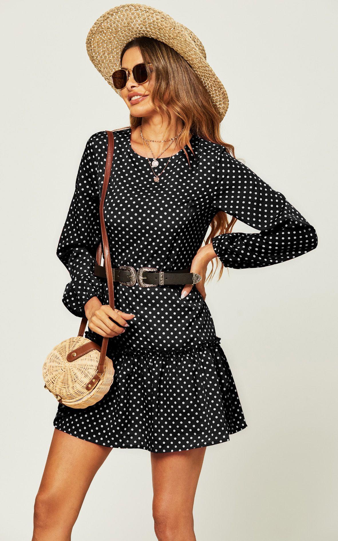 White Polka Dot Print High Neck Long Sleeve Frill Detail Pleated Skirt Midi Dress by FS COLLECTION
