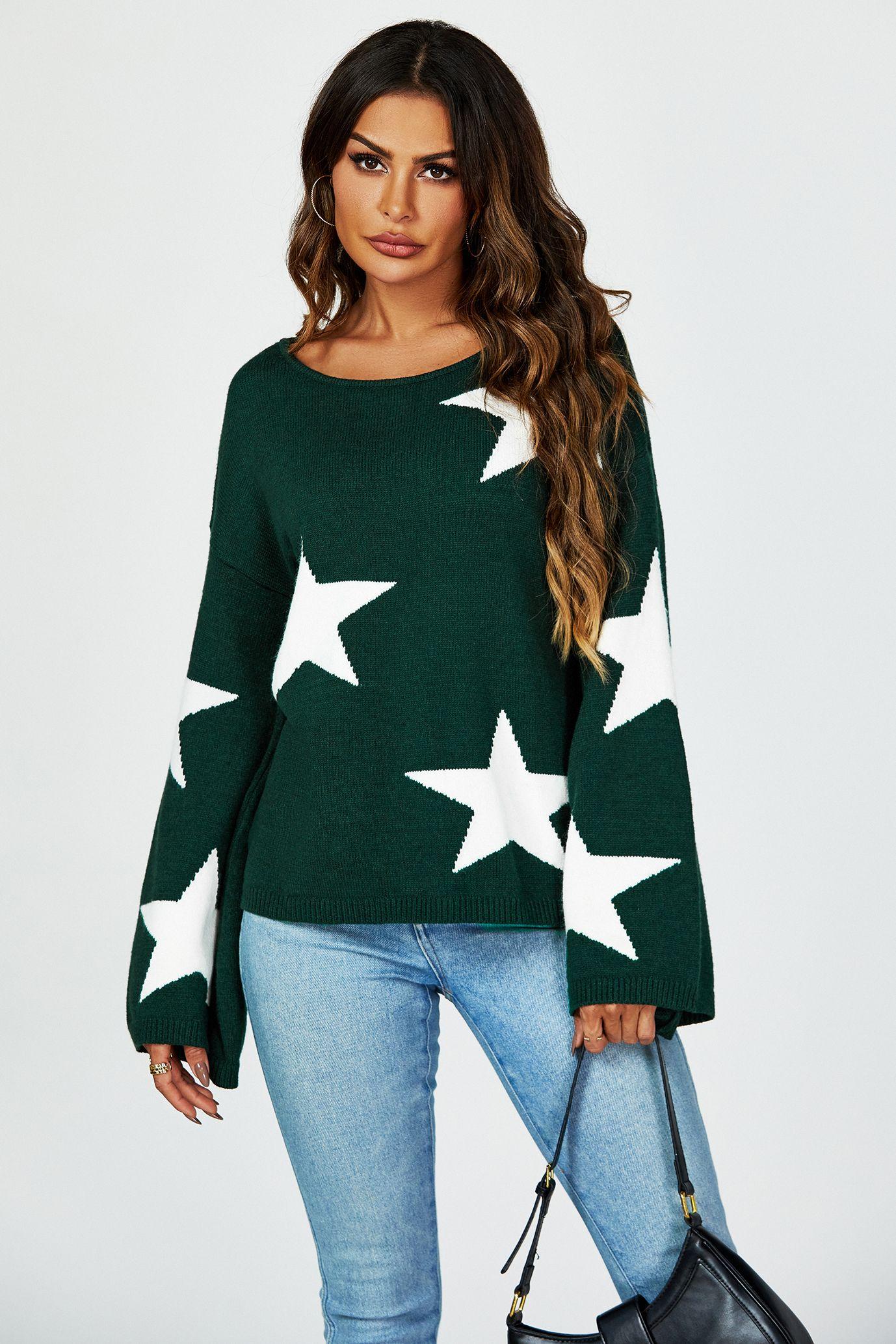 Wide Sleeve Oversize Dark Green Jumper With White Star by FS COLLECTION