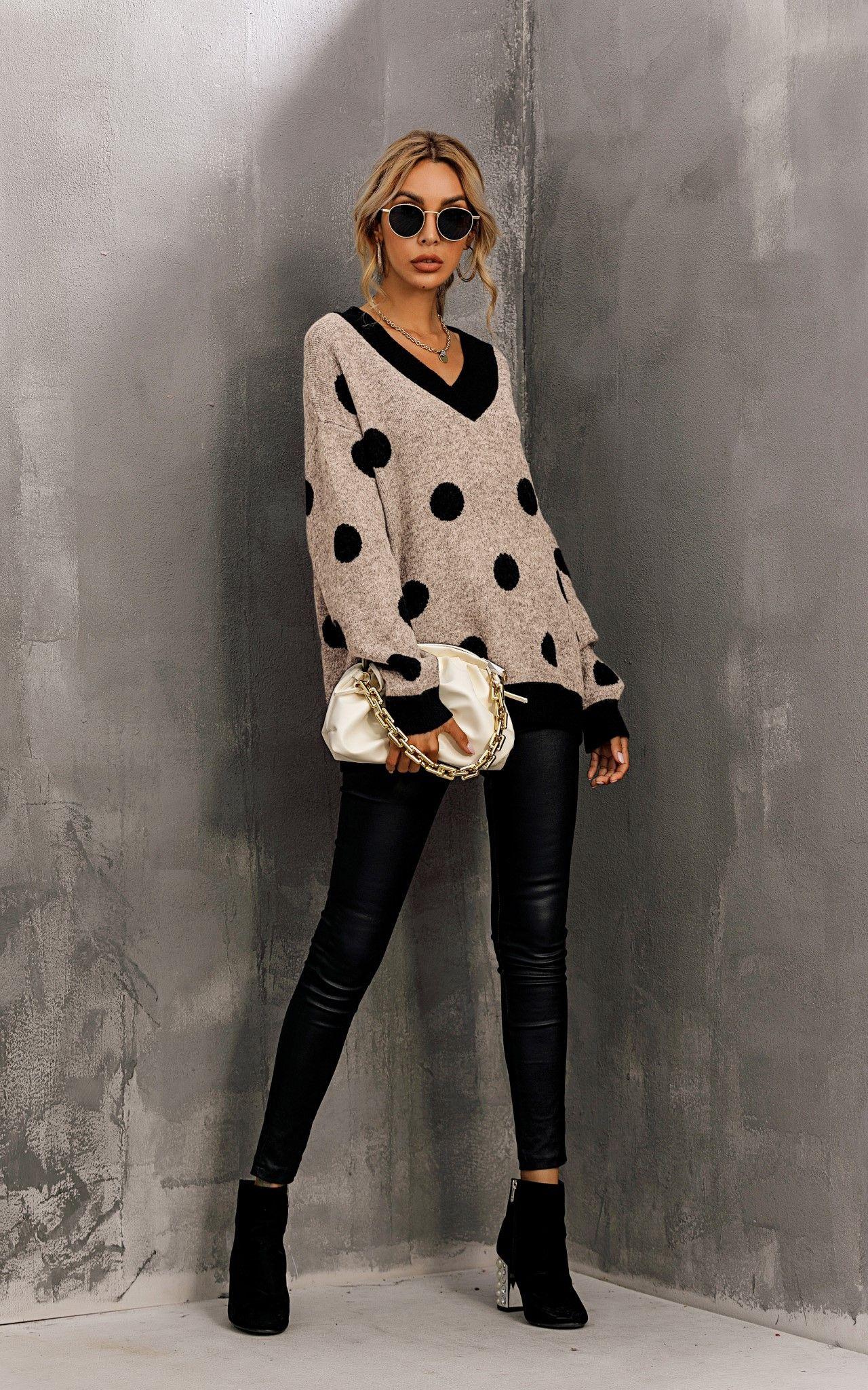 Wool Blended V Neck Jumper In Beige & Black Polka Dot Print by FS COLLECTION