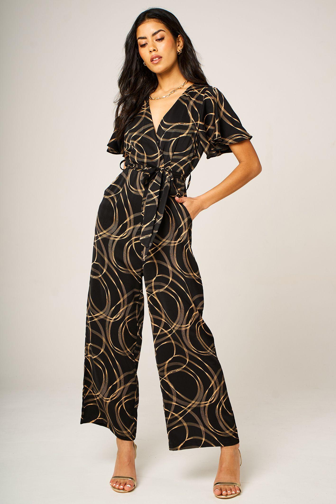Wrap Front Belted Wide-Leg Jumpsuit with Abstract Circle Print by FS COLLECTION