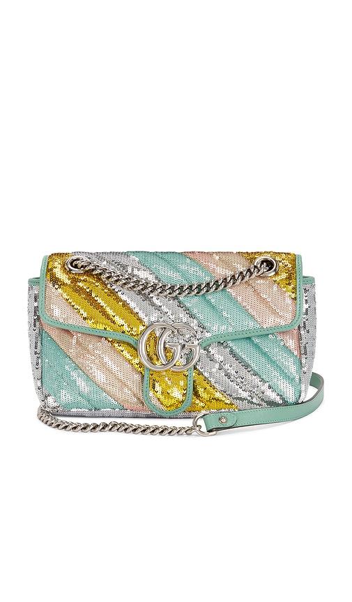 FWRD Renew Gucci Sequin GG Marmont Shoulder Bag in Metallic Silver,Teal by FWRD RENEW