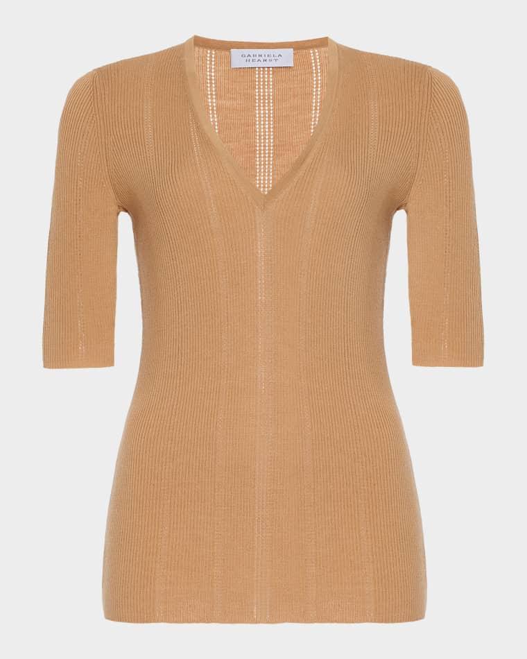 Amari V-Neck Pointelle Rib Short-Sleeve Top by GABRIELA HEARST