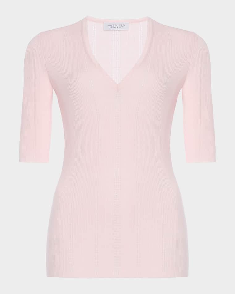 Amari V-Neck Pointelle Rib Short-Sleeve Top by GABRIELA HEARST