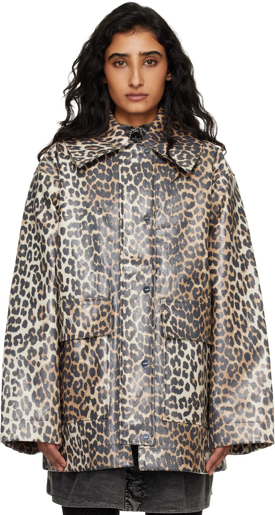 Beige Leopard Laminated Cotton Jacket by GANNI