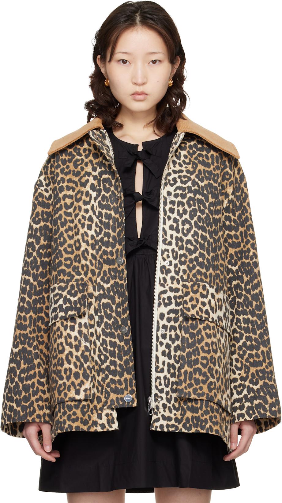 Beige Leopard Printed Canvas Midi Jacket by GANNI