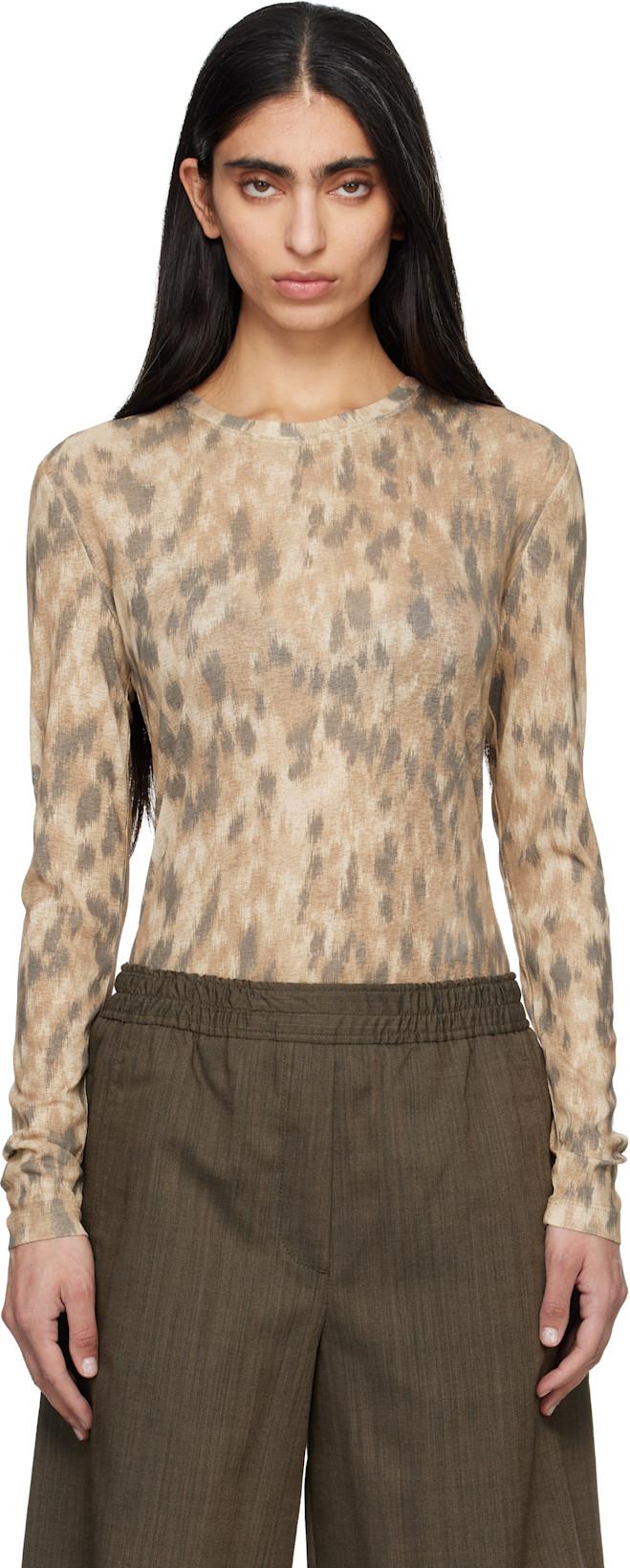 Beige Printed Marl Mesh Long-Sleeve T-shirt by GANNI