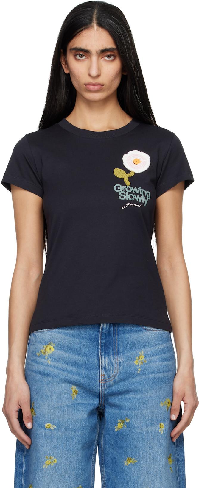 Black Baby Fit Crochet Patch T-shirt by GANNI