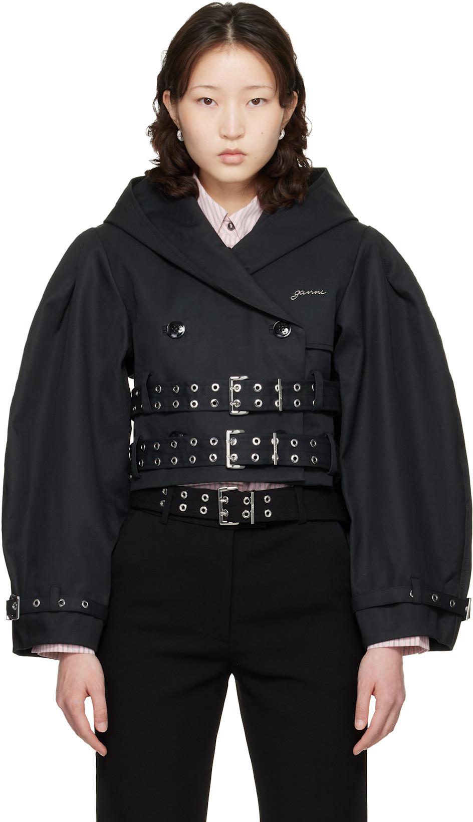 Black Bonded Cotton Short Trench Jacket by GANNI
