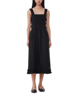 Black Cotton Poplin Midi Strap Smock Dress by GANNI