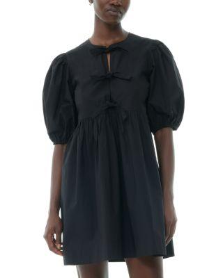 Black Cotton Poplin Tie String Mini Dress by GANNI