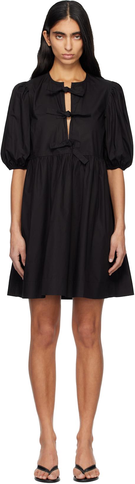 Black Cotton Poplin Tie String Minidress by GANNI