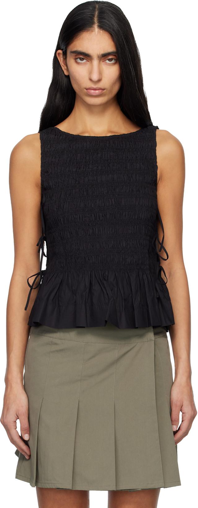 Black Cotton Smock Tie Top by GANNI Black Cotton Smock Tie Top by GANNI