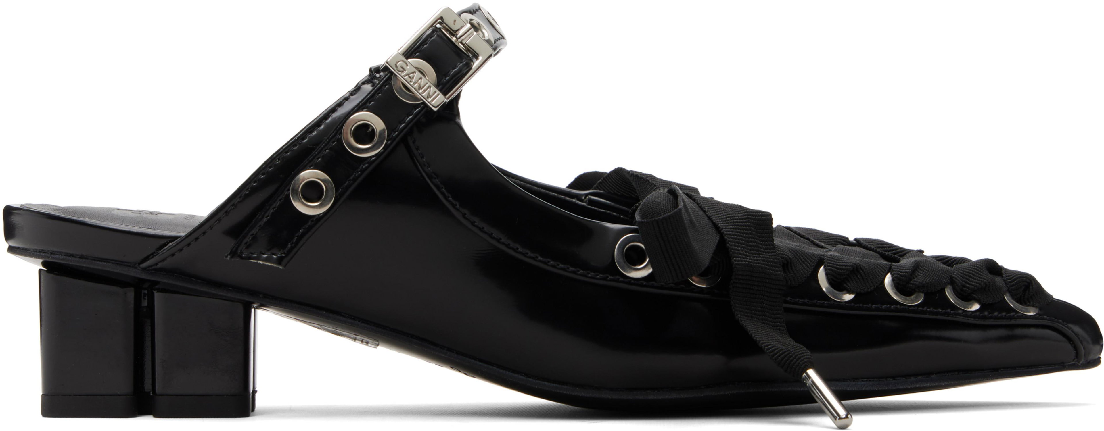 Black Eyelets Lace Up Mule Heels by GANNI